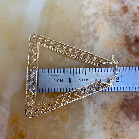 Gold plated large hoop mesh triangle earrings 2” - Picture 4 of 7